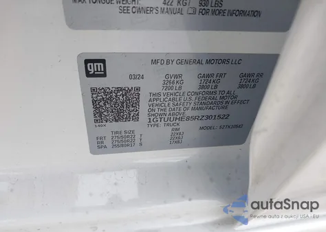 2024 GMC Sierra 1500 4Wd Short Box Denali Ultimate z USA, uszkodzony, nr VIN 1GTUUHE85RZ301522